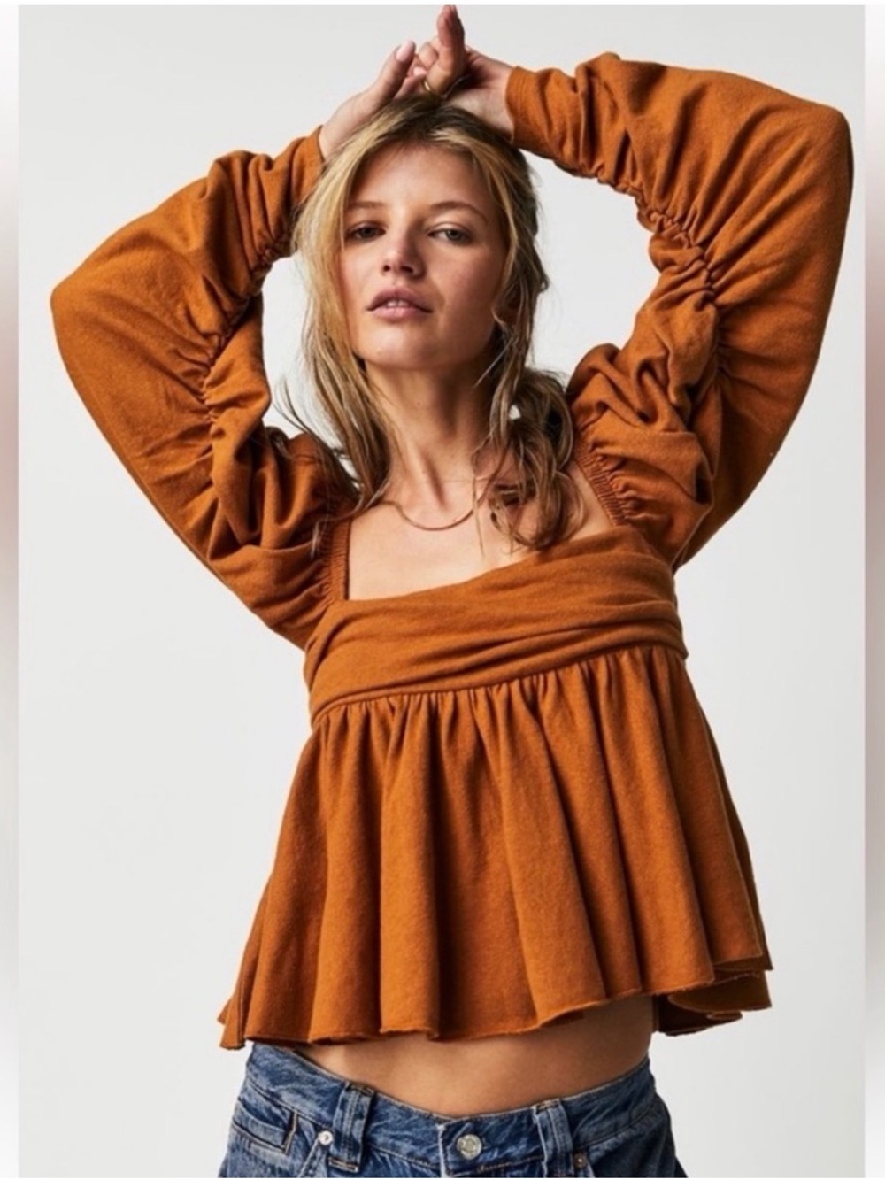 Free People Gigi long sleeve Burnt Orange Square-Neck Babydoll Top